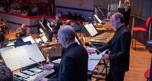 Photograph of Toby Kearney and other percussionists performing at Symphony Hall