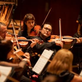 Photograph of David BaMaung performing in the viola section on-stage at Symphony Hall