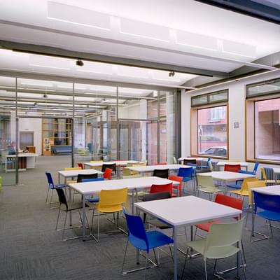 CBSO Centre foyer with chairs and tables laid out