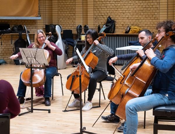 Photograph of four cellists rehearsing at the CBSO Centre