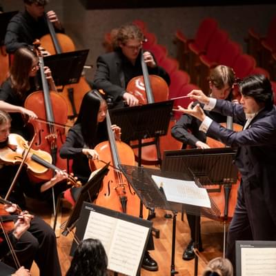 conductor leading a section of violins in an orchestra
