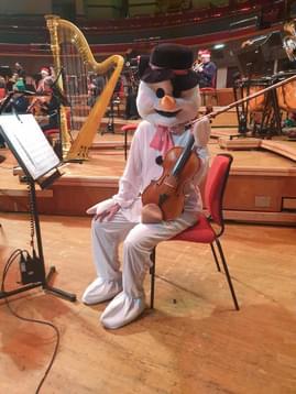Photograph of Jessica Tickle dressed as a snowman during a CBSO Christmas Concert